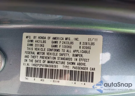 2011 Honda Accord 2.4 Ex-L z USA, uszkodzony, nr VIN 1HGCP2F87BA088061